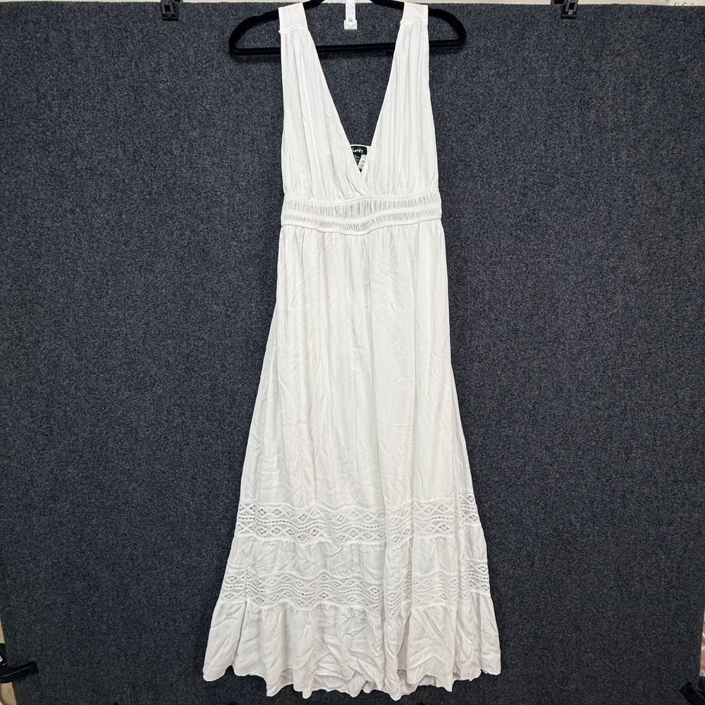 Justify Maxi Dress L White Boho Lace Trim Open Back Tiered Summer Gauze